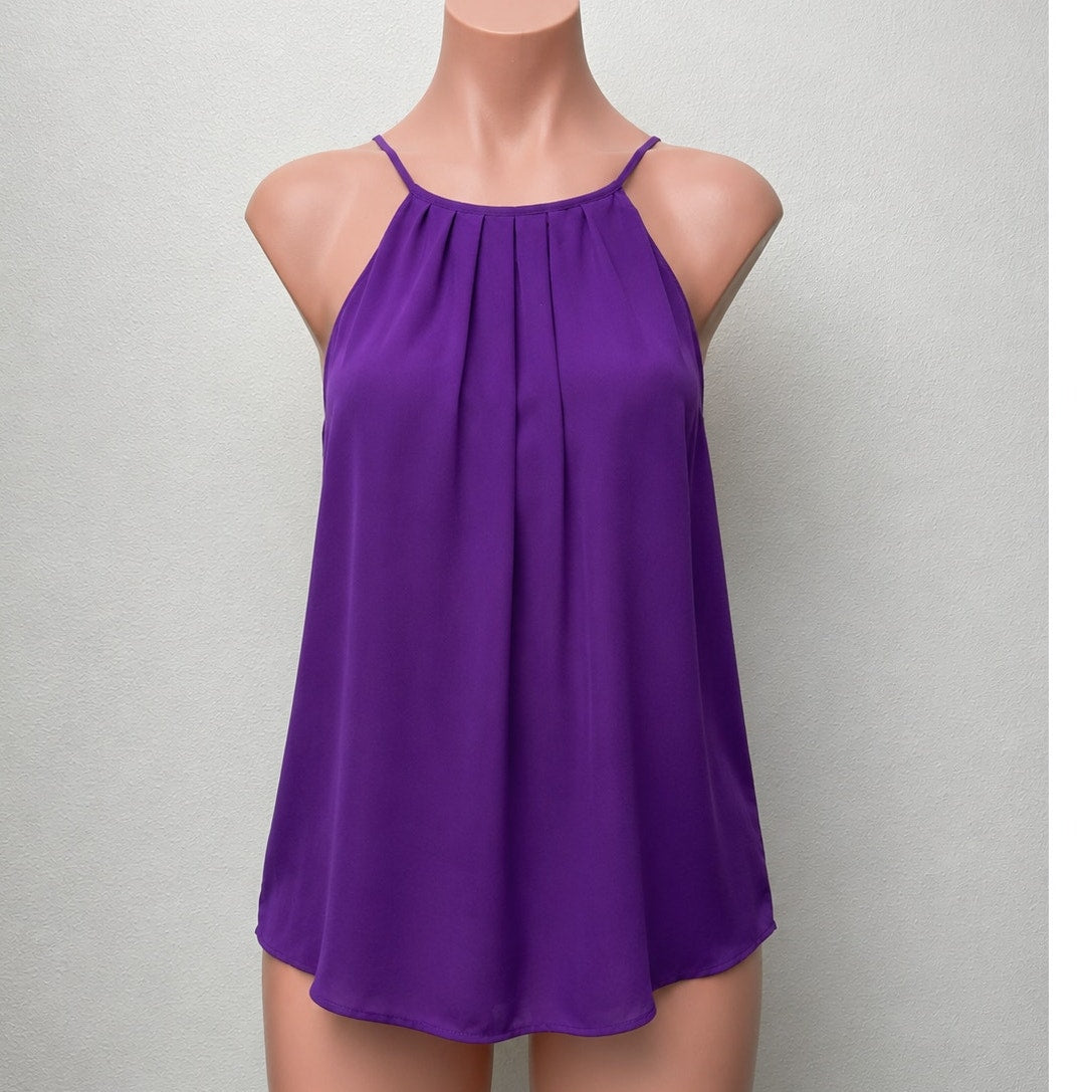NWT Lavender Brown Purple Silk Front Pleat High Neck Keyhole Back Top L
