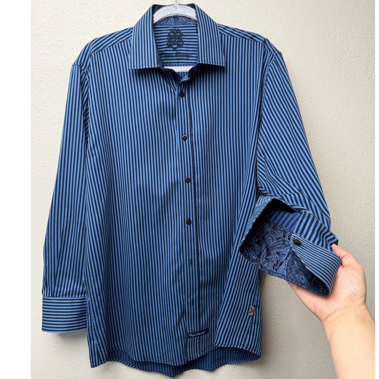 English Laundry Blue Black Stripe Button Front Shirt Mens L