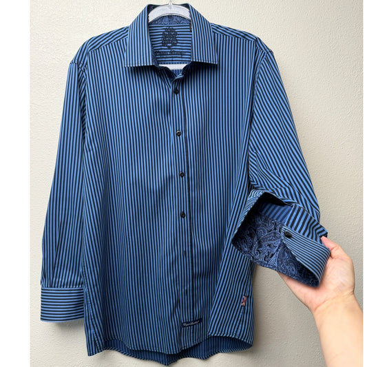 English Laundry Blue Black Stripe Button Front Shirt Mens L