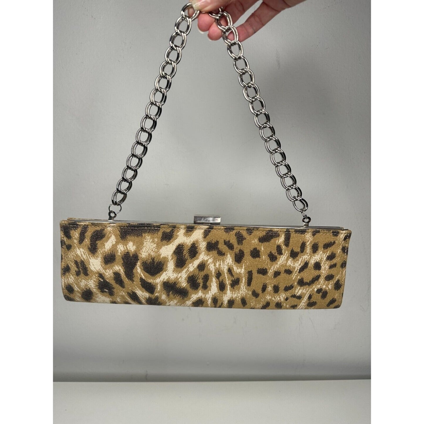 Vintage Fashion Express Leopard-Print Slim Clutch Silver Chain Strap Black Lined