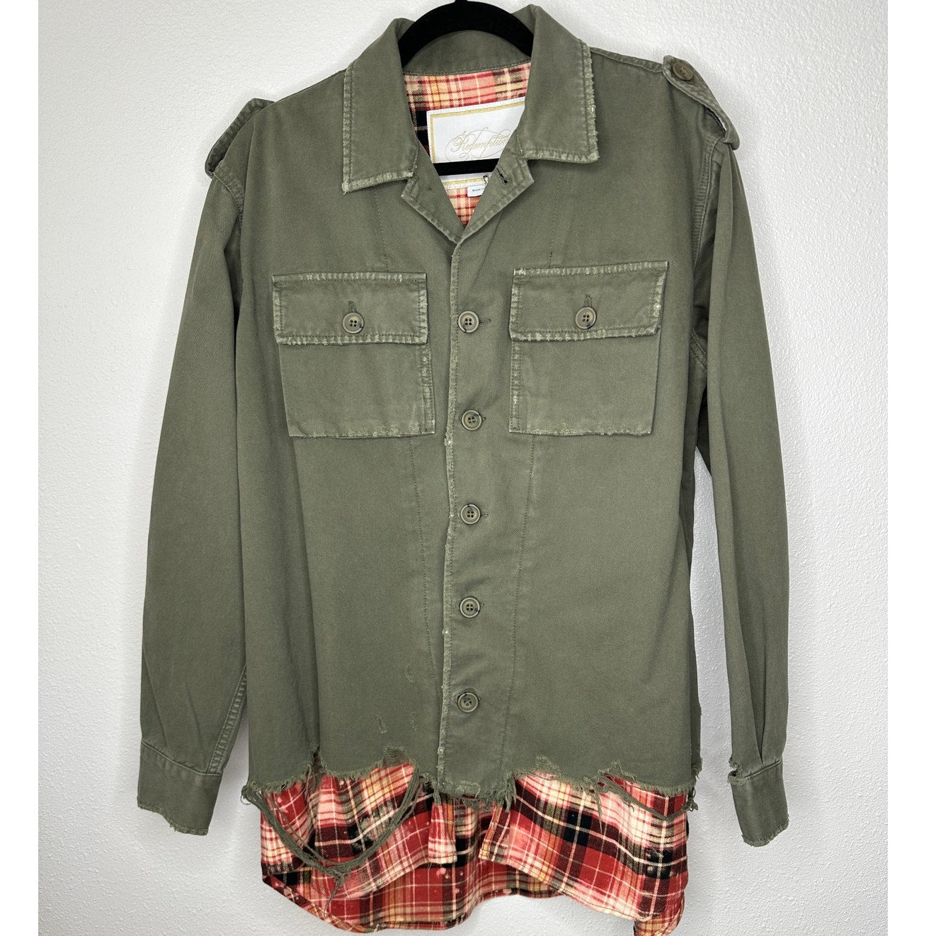 NWT Redemption Handmade Distressed Olive Military Shirt with Plaid Hem 44 / M