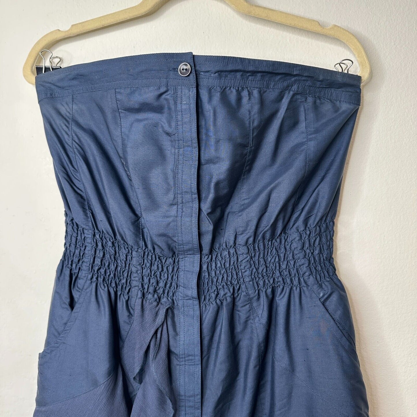 Modern Amusement Cute Strapless Navy Button Down Tiered Ruffle Dress 100% Silk 6