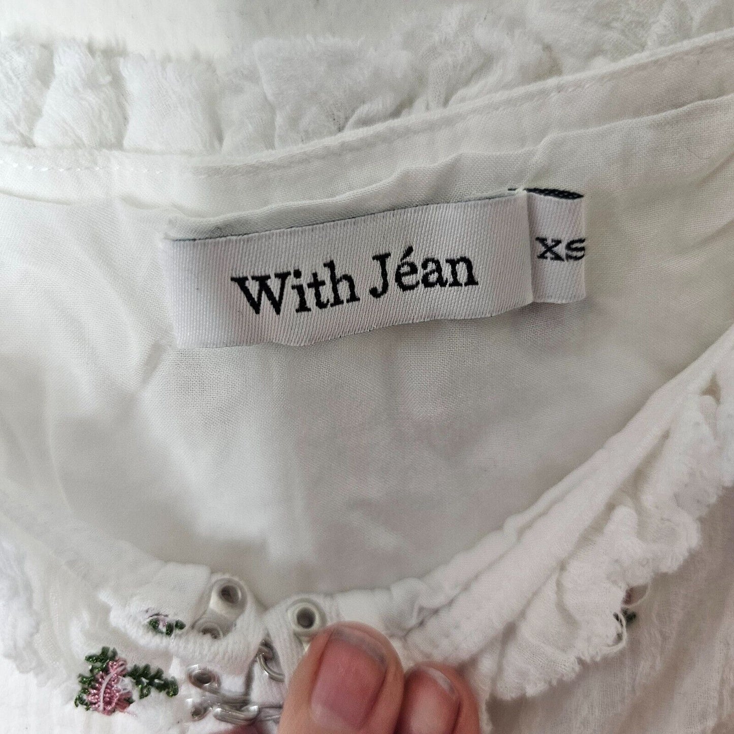 With Jean White Gauze Exposed Hook and Eye Floral Puff Off Shoulder Crop Top XS