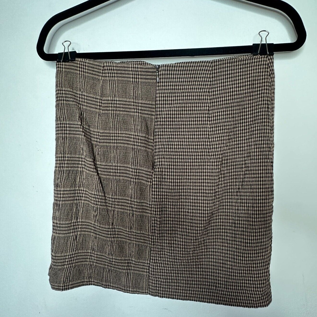 Mango Brown Plaid Checkerboard Mix Fabric Side Ruffle ALine Back Zip Skirt Med