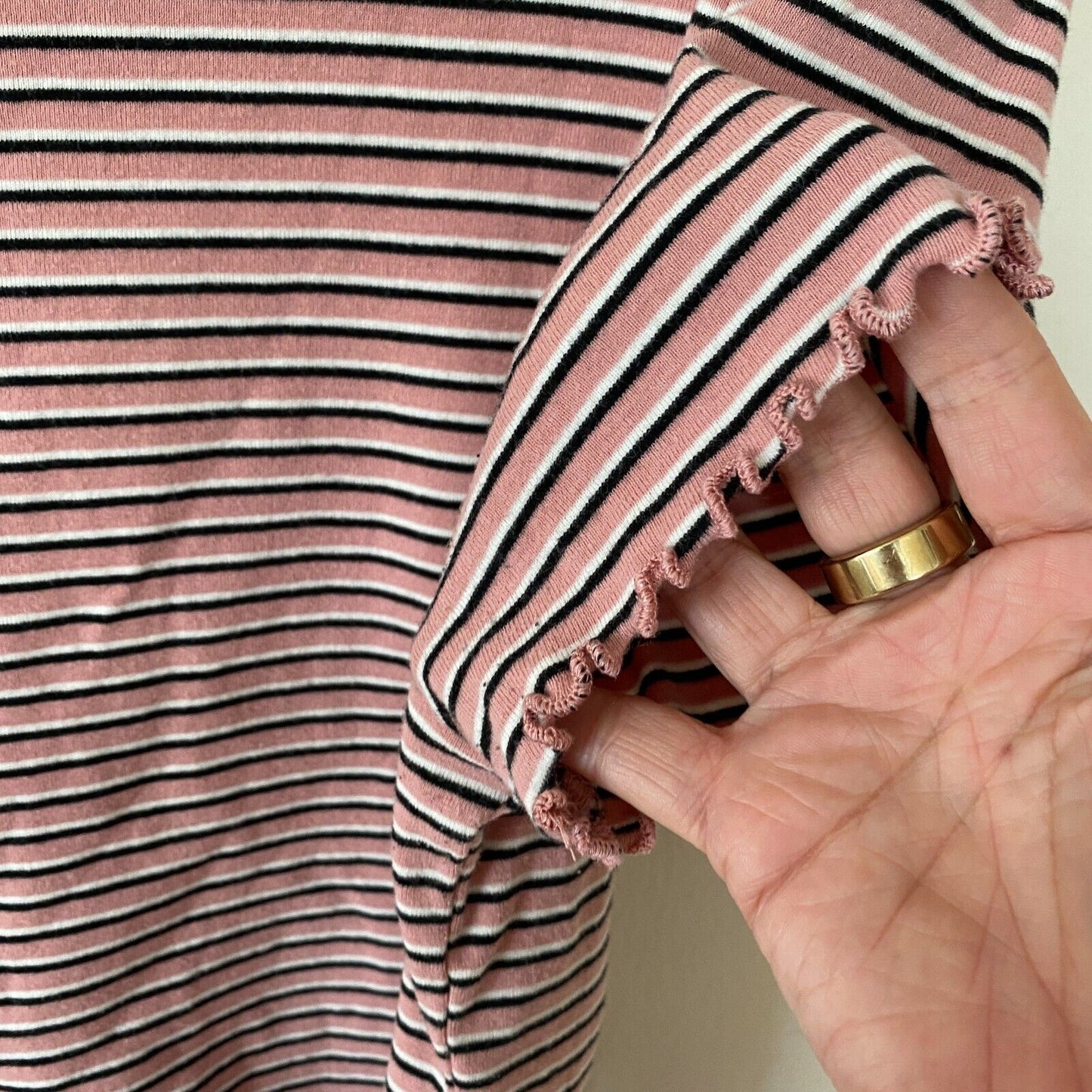 Blush Pink Black & White Stripe Round Neck Crop Top Lettuce Hem Top 1X