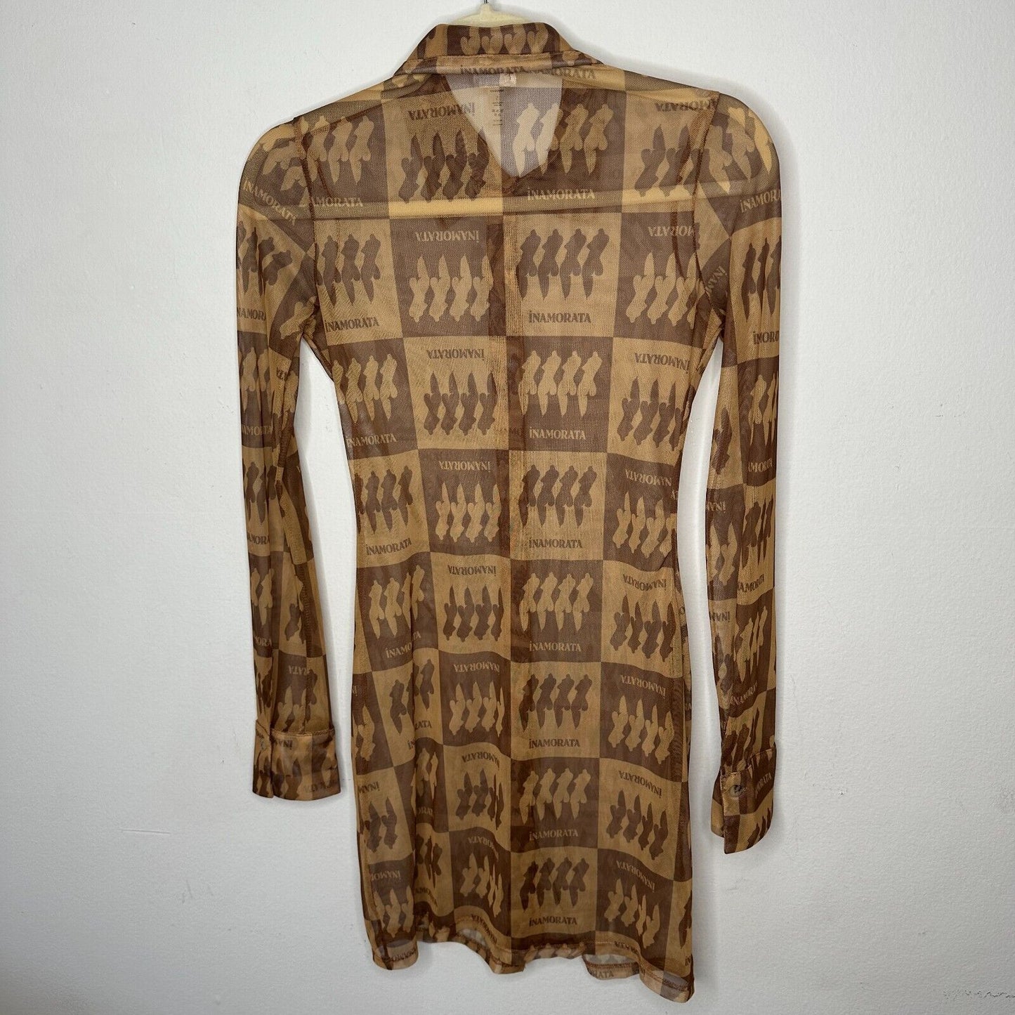 Inamorata Riviera Brown Check Mesh Dress Long Sleeve Button Up Mini Dress S