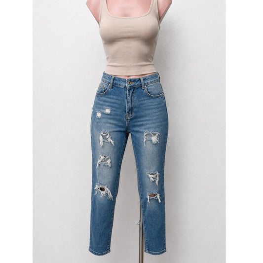 Wax Jean Collection Medium Wash Distressed Holes Boyfriend Denim Jeans 30