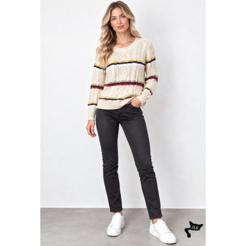 Veronica Beard Bruna Cream Black Multi Stripe Chunky Knit Long Sleeve Sweater M