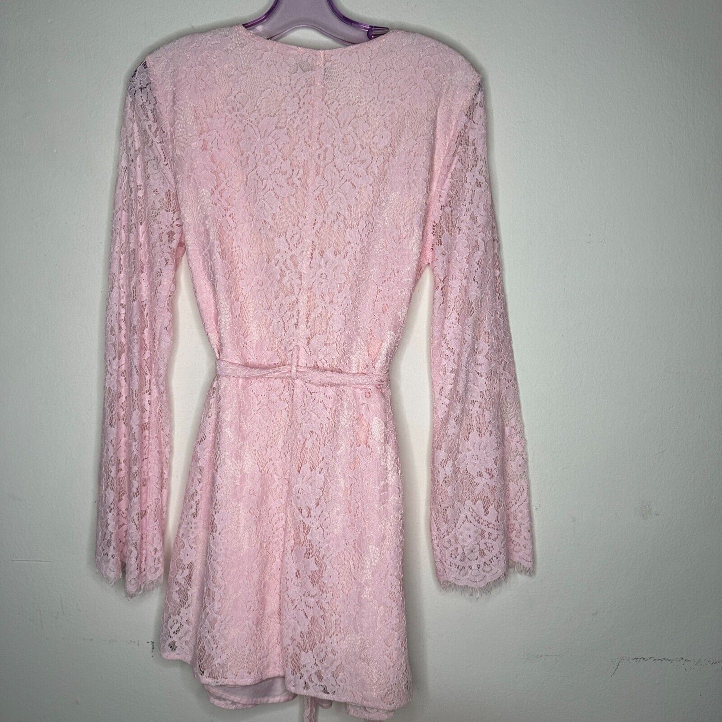 Marjorelle Pale Pink Lace Long Sleeve Tie Waist Kimono Wrap Mini Dress Robe M