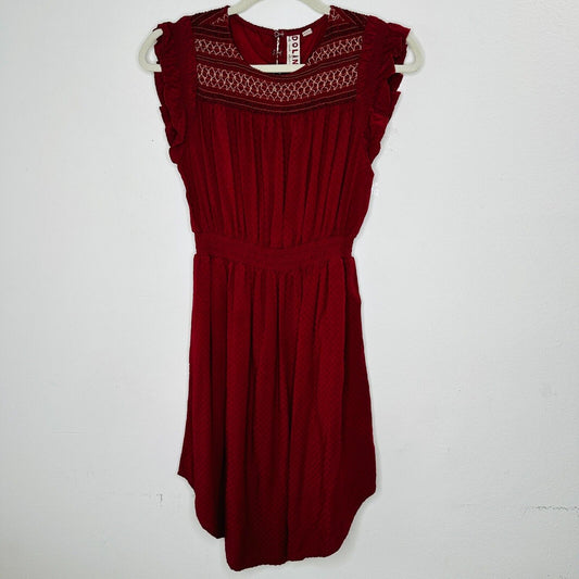 Anthropologie Dolan Red Left Coast Tansy Smocked Midi Ruffle-Shoulder Dress XS