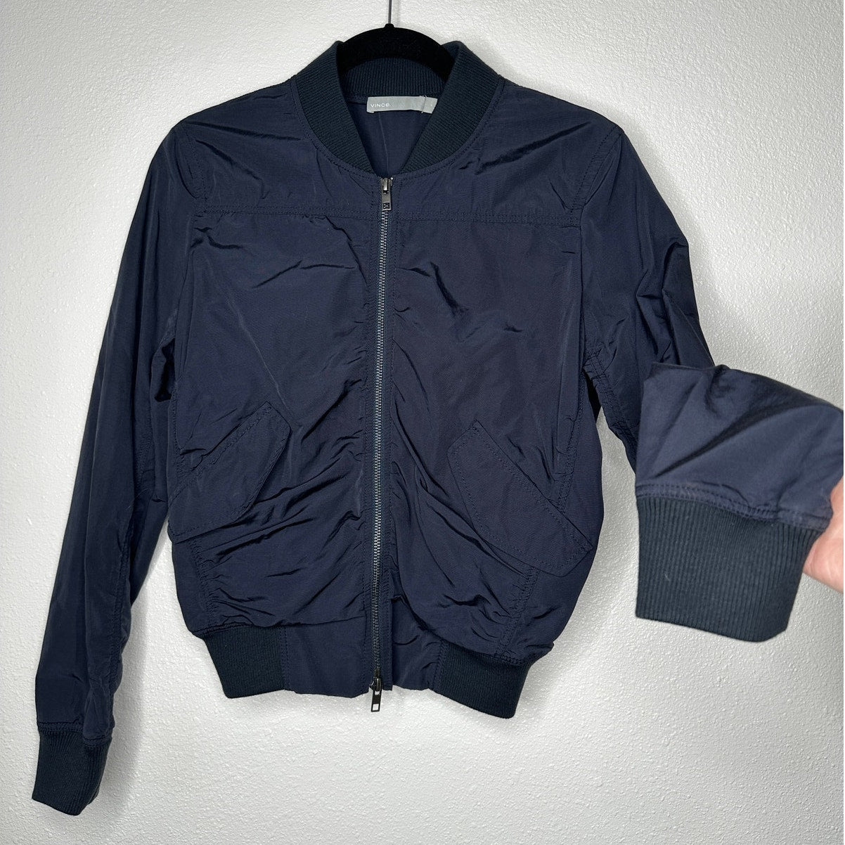 Vince Black Ruched Bomber Style Zip Jacket With Pockets Small