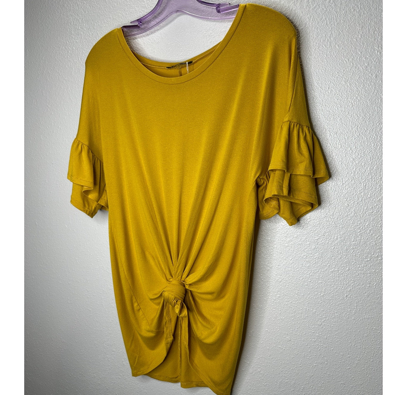 NWT Shop Basic Mustard Yellow round Neck Ruffle Sleeve Front Knot Shirt M