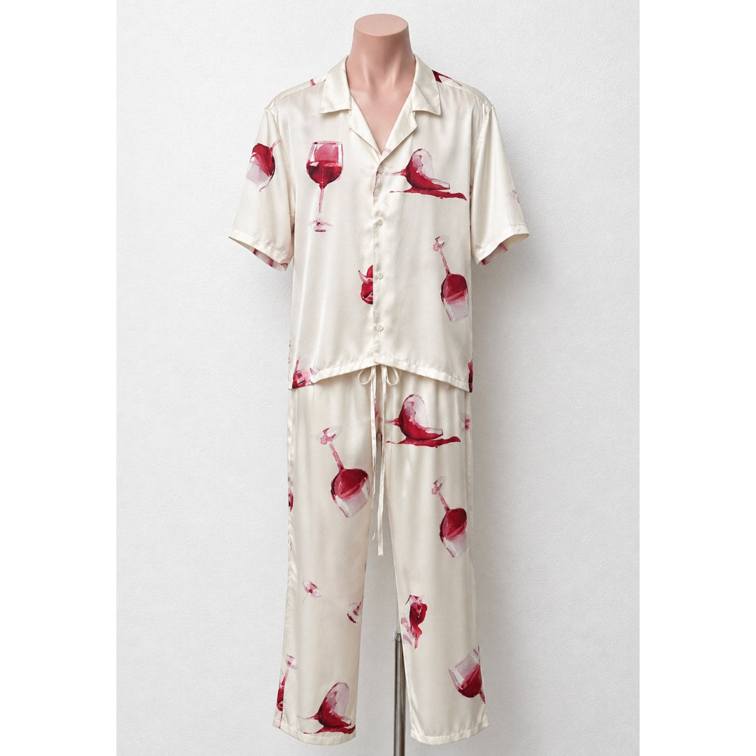 Nahmias Silk Pajama Set Wine Glass Print Ivory Cream L