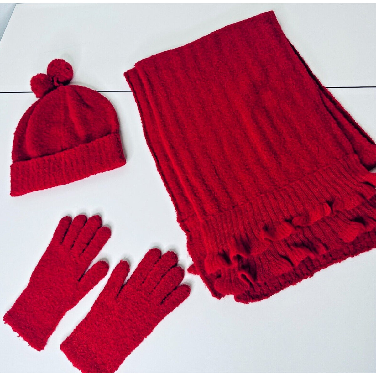 NWOT Moda Intl Cute Red Ribbed Winter Hat Scarf and Gloves Set Pom Poms OS