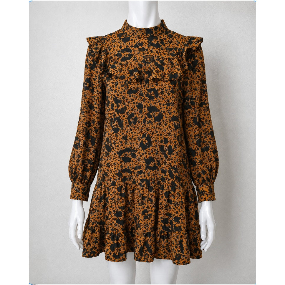 NWT Burnt Orange & Black Floral High Neck Ruffle Long Sleeve Dress 2