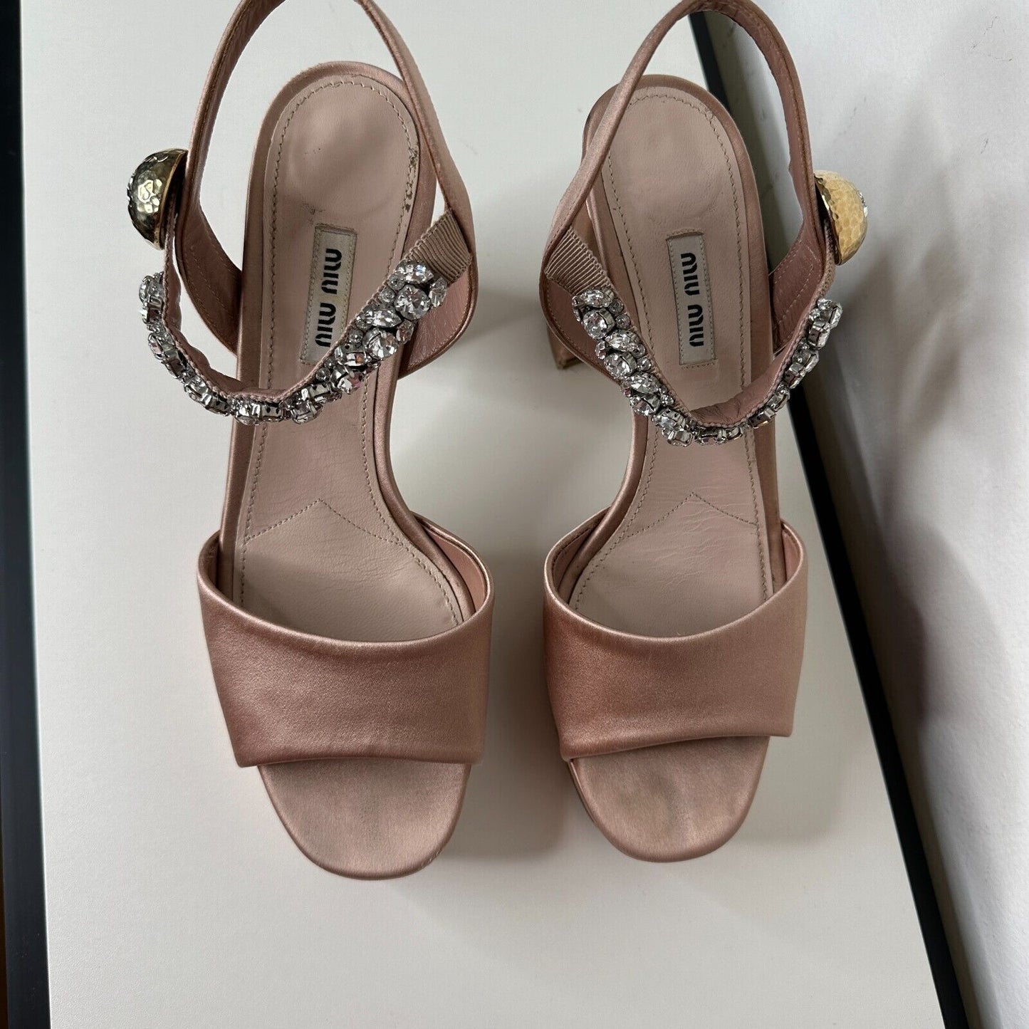 Miu Miu Nude Calzature Donna Satin Crystal Ankle Strap Platform Block Heels 10.5