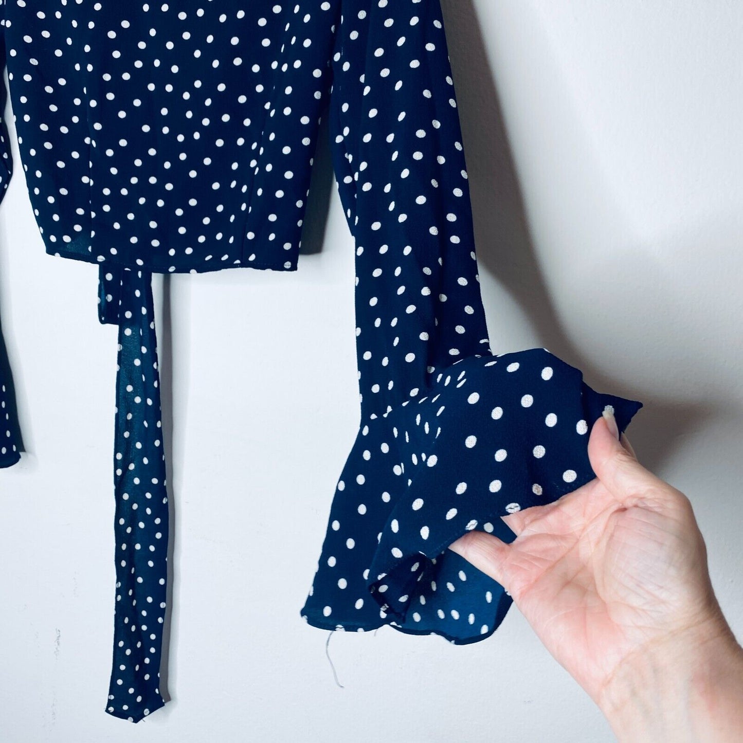 Revolve Eight Sixty Navy Cream Polka Dot Wrap Front-V Bell Sleeve Crop Top SM