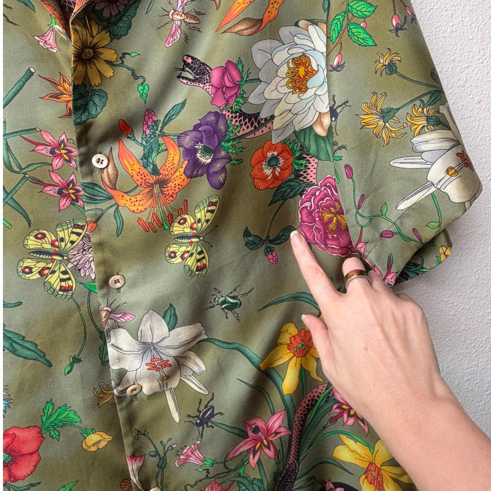 Gucci Olive Flora Snake Silk Camp Shirt Men's US 34