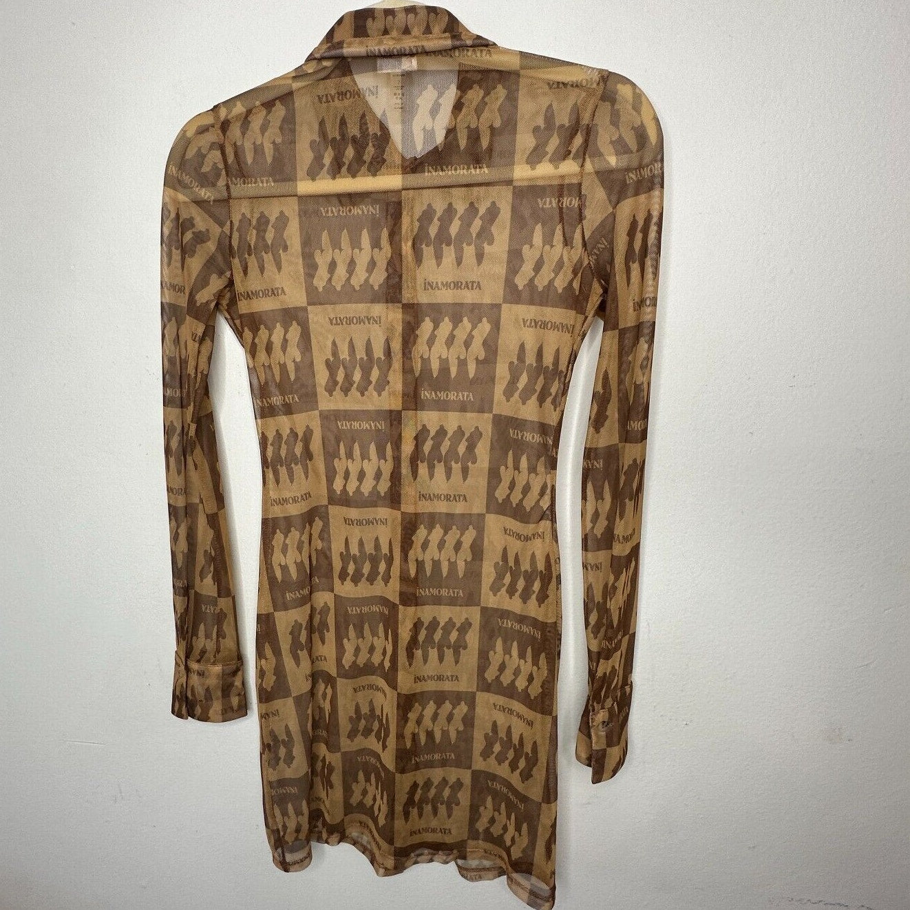 Inamorata Riviera Brown Check Mesh Dress Long Sleeve Button Up Mini Dress S