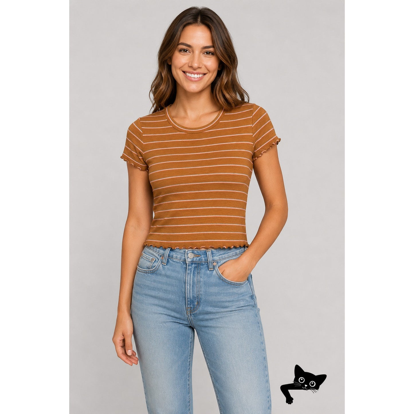 Madewell Rust Brown Peach Blue Stripe Short Sleeve Lettuce Hem Shirt M