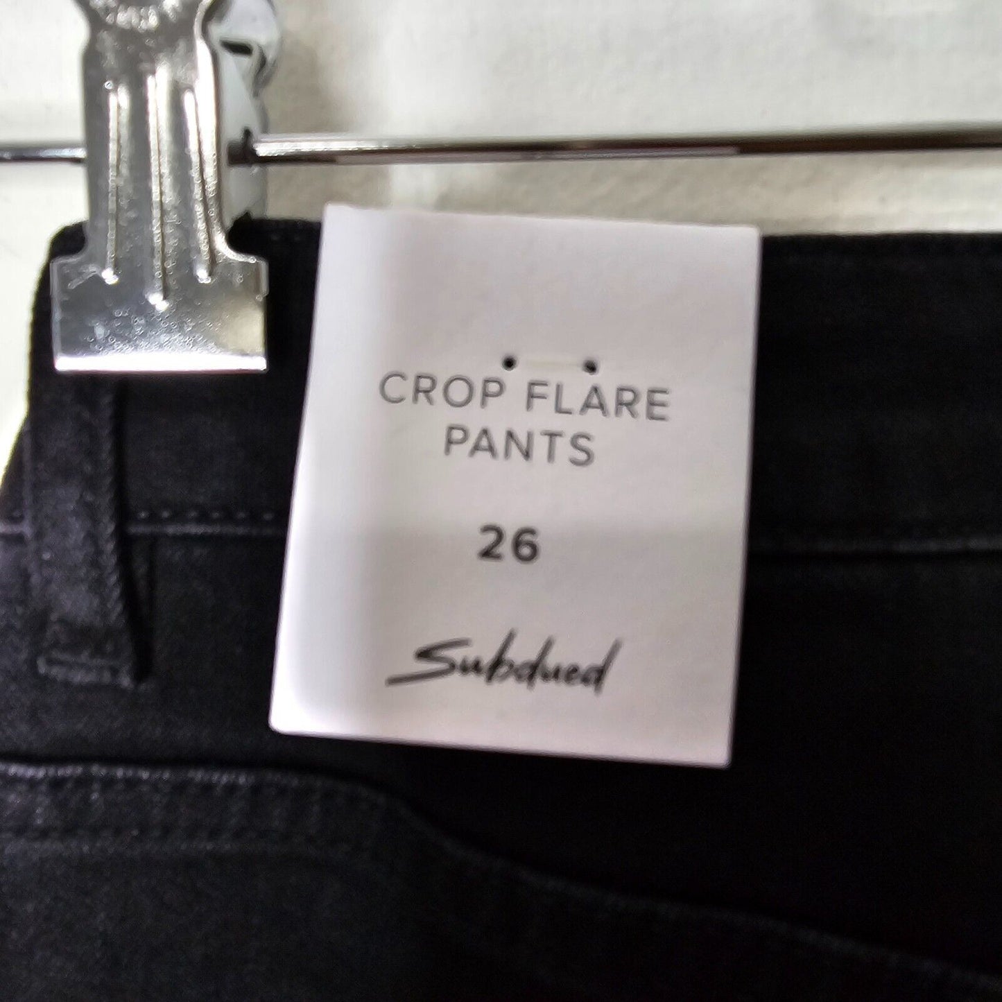 NWT Subdued Black Crop Flare Button Fly Raw Hem Front and Pocket White Flames 26