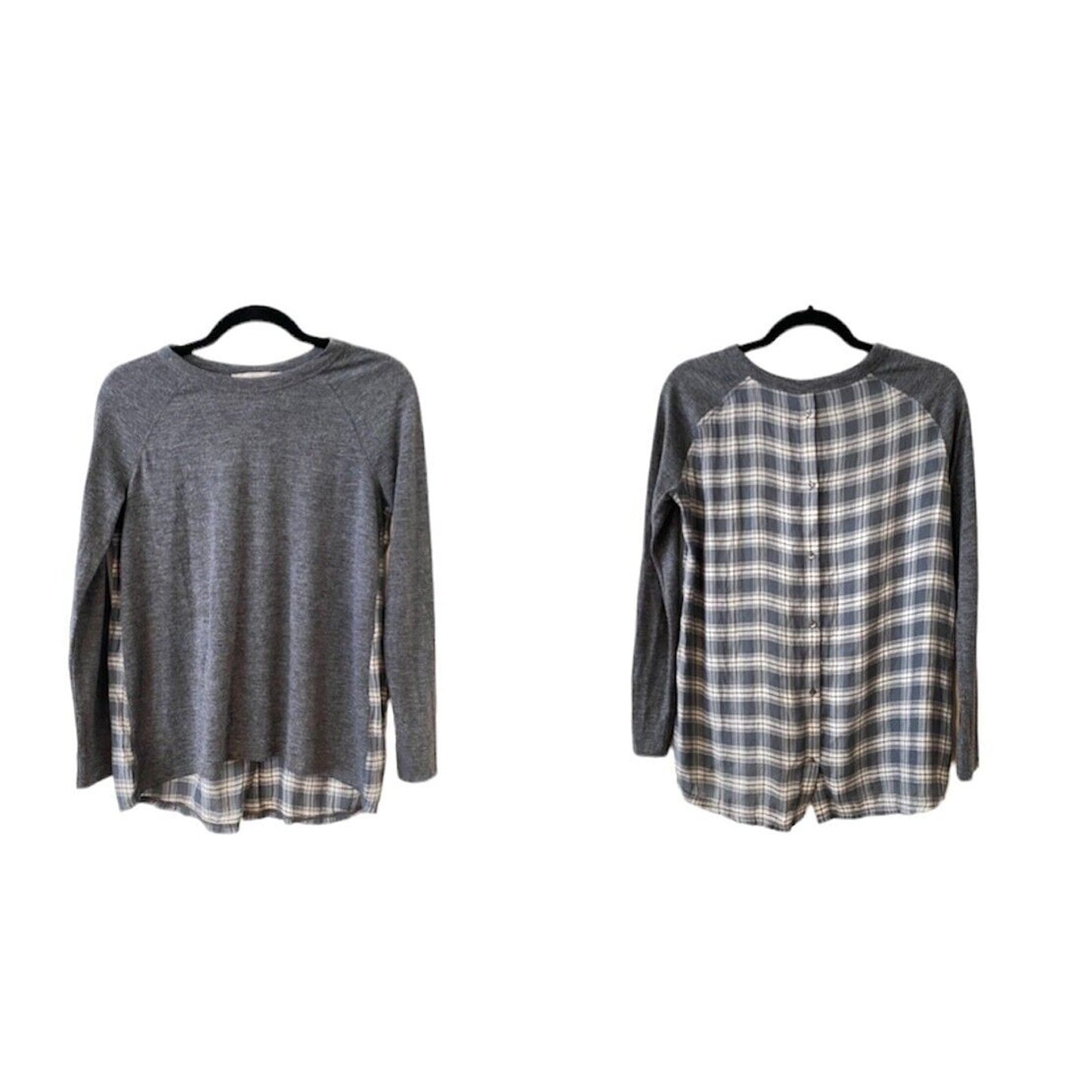 Ann Taylor Loft High Low Medium Gray Top Gray Blue & Cream Plaid Button Down XSP