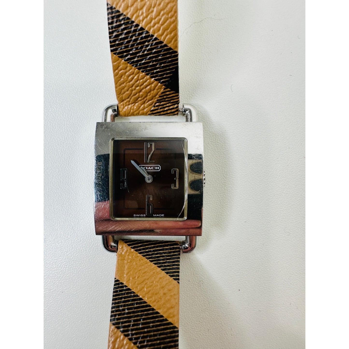 Coach Silver Square Bronze Face Watch Tan Plaid Watchband