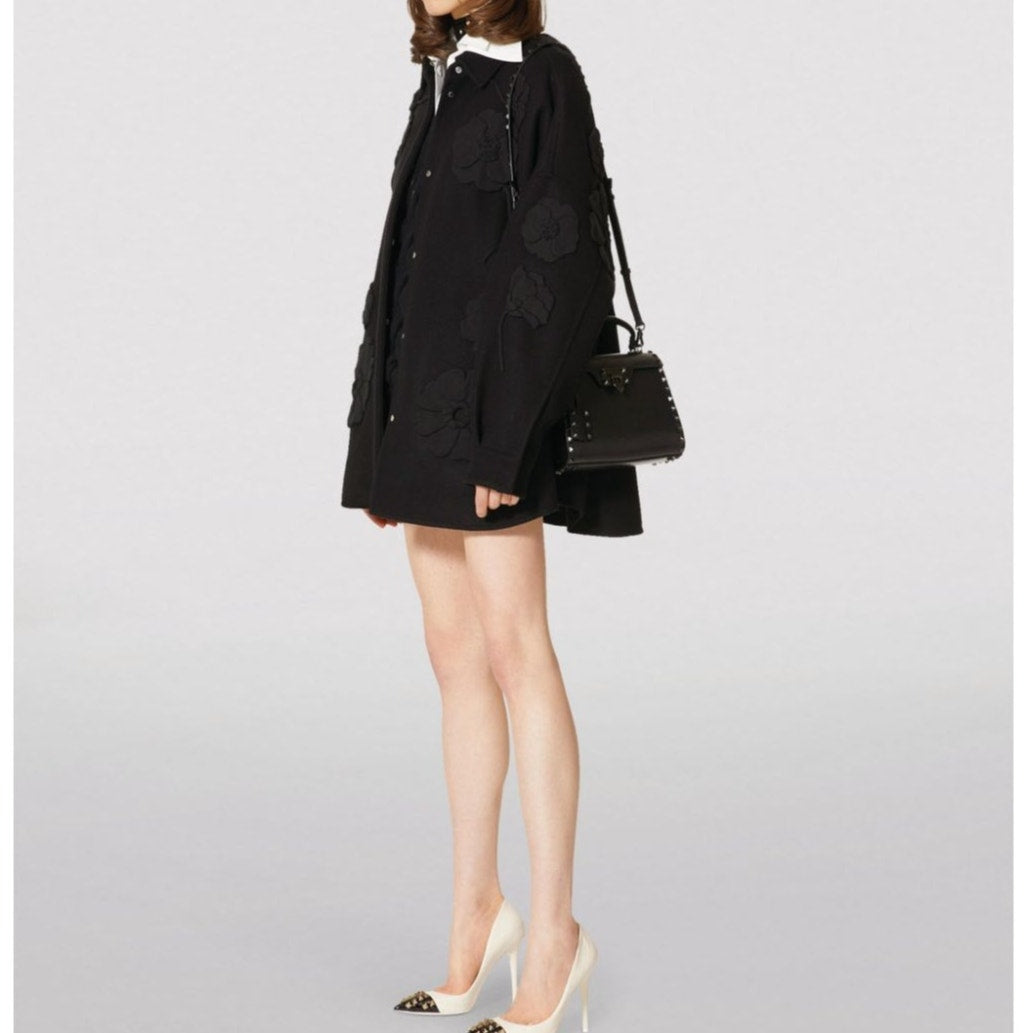 Valentino Garavani Black Wool-Cashmere Appliqué Jacket Snap Close M