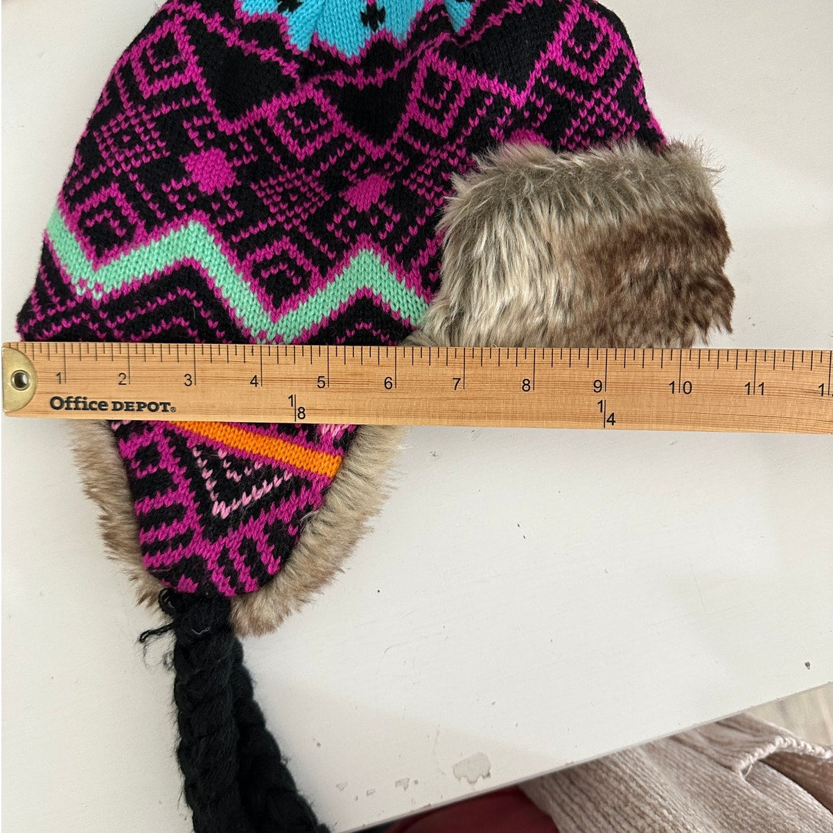 Billabong Pink Black Blue Knit with Faux Fur Trapper Hat OS