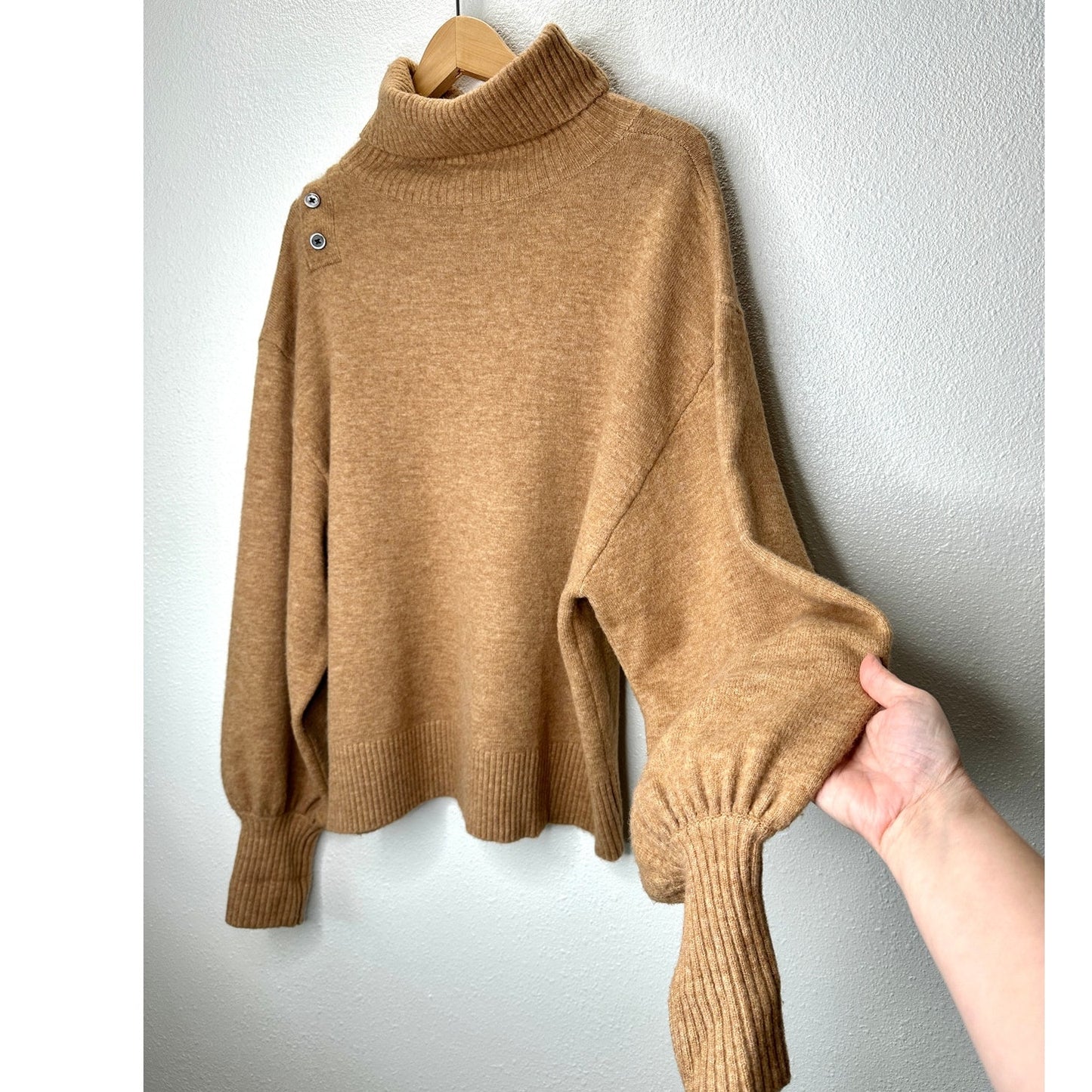 Marissa Webb Blake Camel Brown Button Cashmere Blend Turtleneck Sweater M