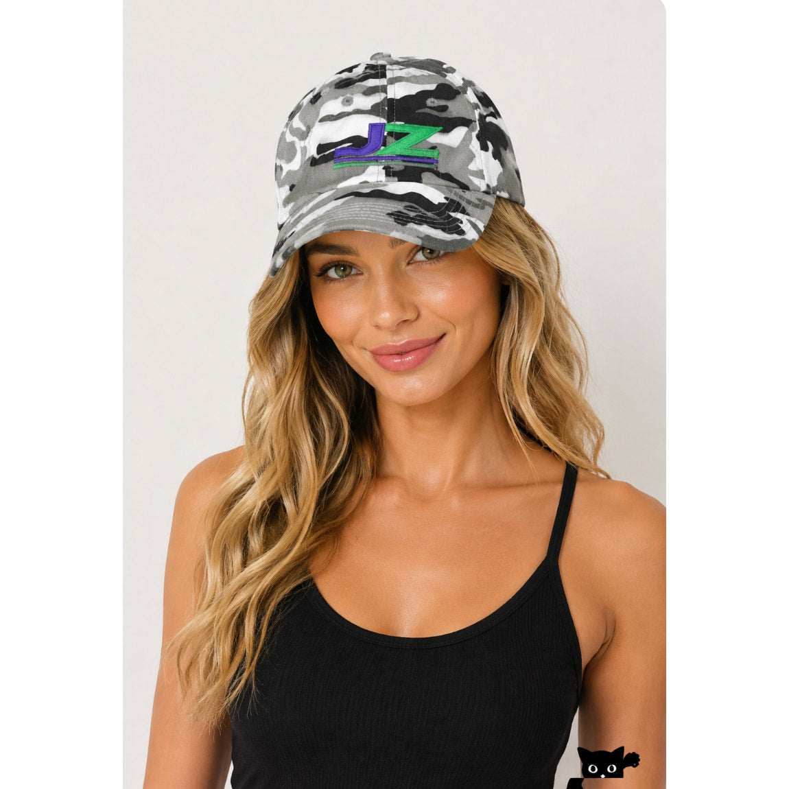 JZ Black Gray White Camo 100% Cotton Adj Baseball Cap Purple and Green JZ Logo