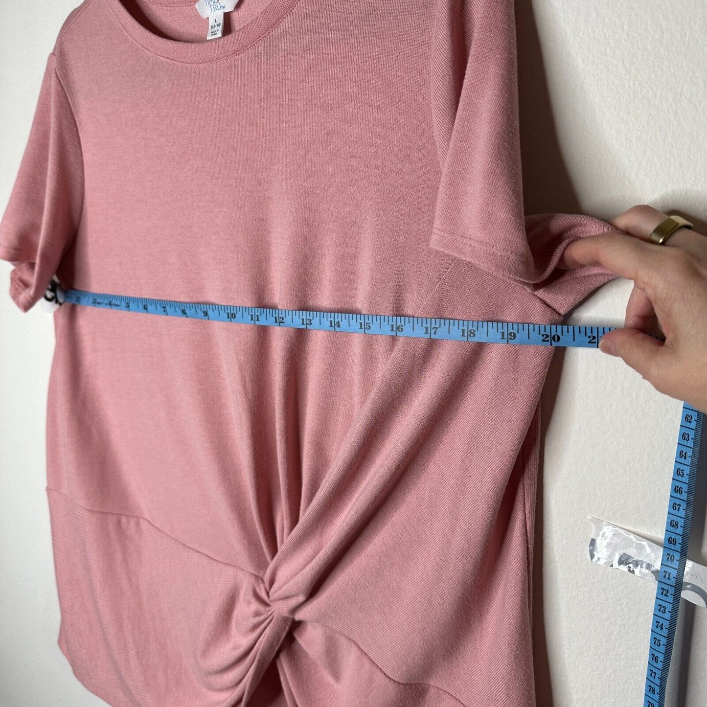 Time & Tru Pink Front-Twist Tie Short Sleeve Wide Round Neck Flowy Tunic Top L