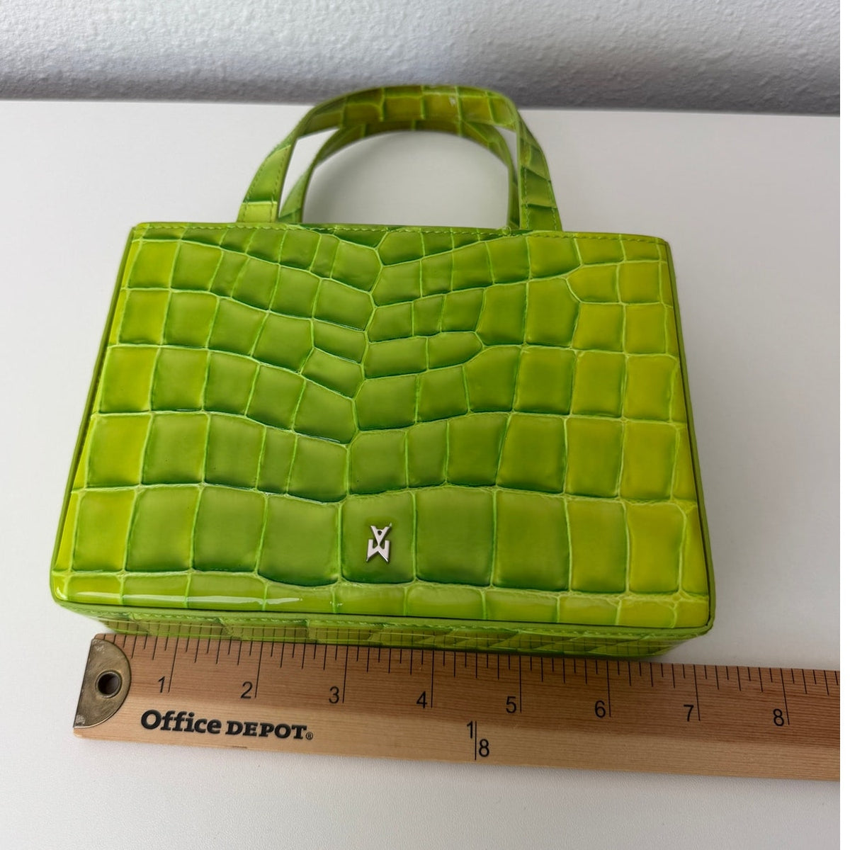 EUC Amina Muaddi Mini Croc Embossed Lime Green Leather Top Handle Bag