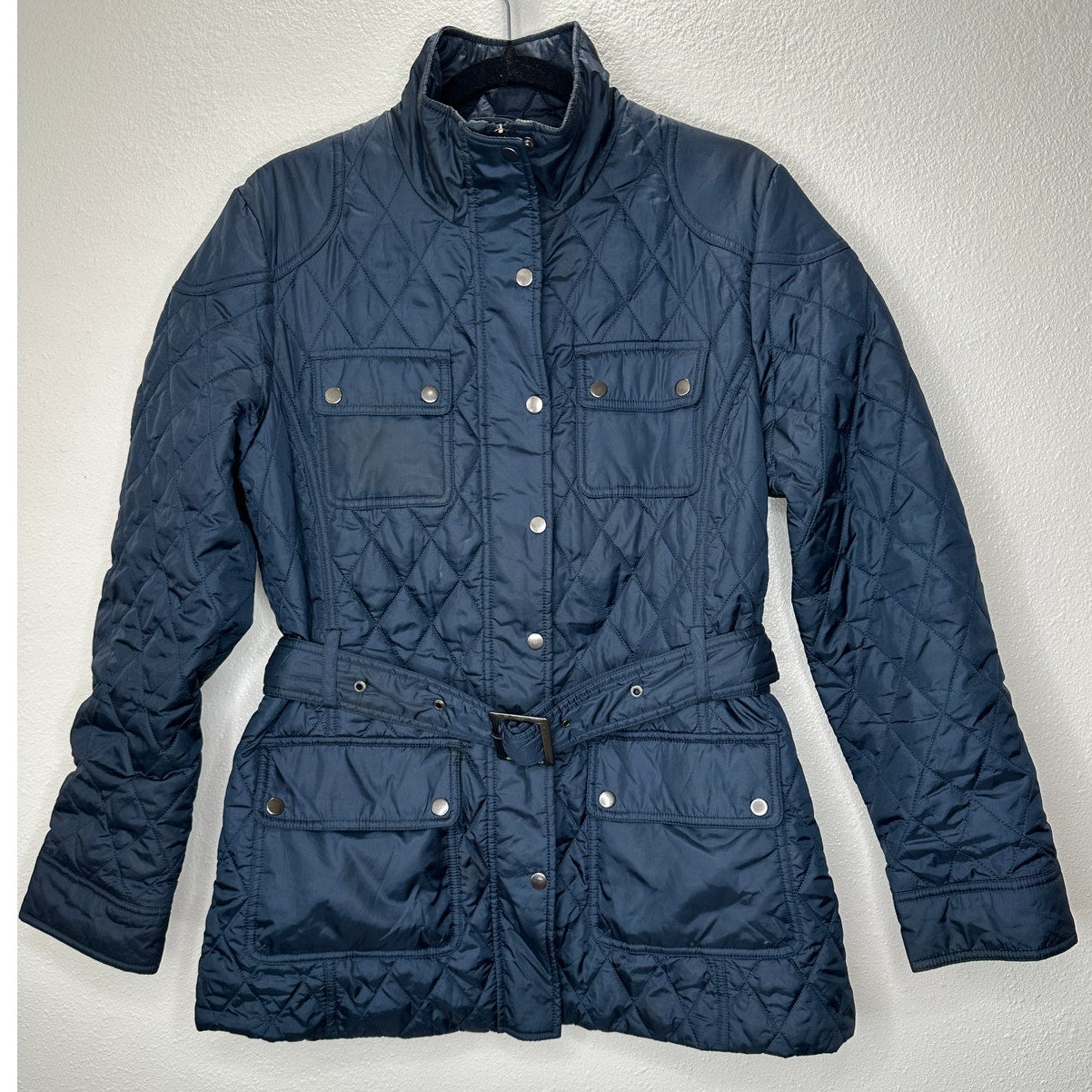 Banana Republic Navy Diamond Quilted Zip Belted Mock Neck Jacket L