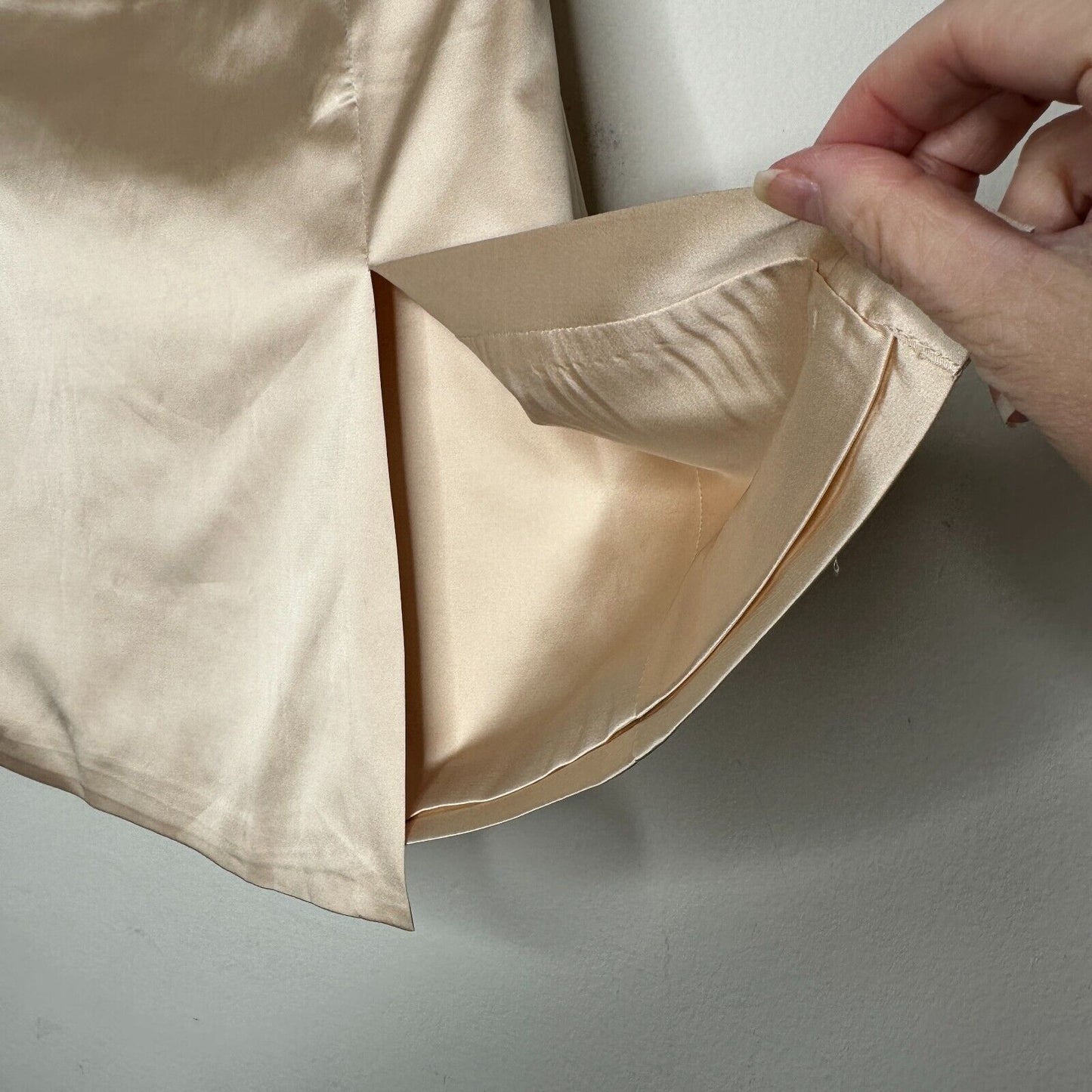 Silkhour Ayu Champagne Satin Skirt Front Kick Split Back Zip Back Sexy Mini SM