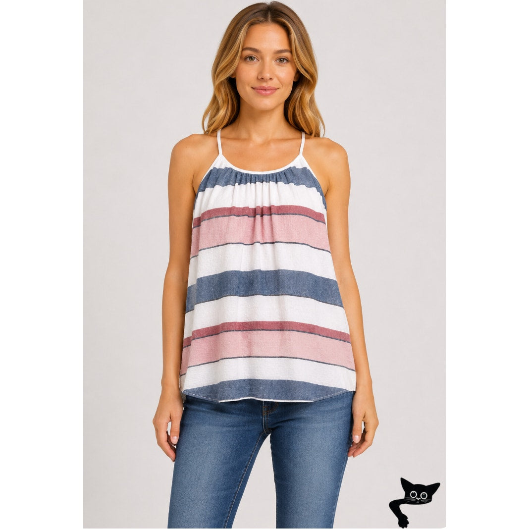 Loft Gray White Pink Stripe Linen Blend Halter Neck Sleeveless Blouse Keyhole SM