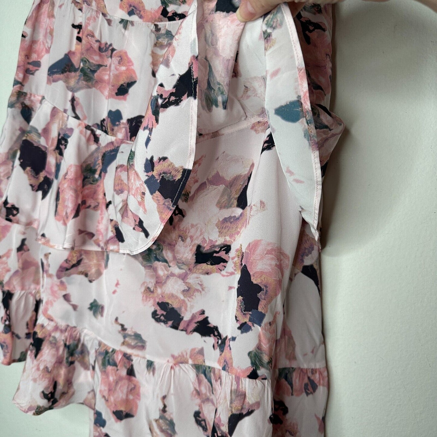 Iro Floral Light Pink Abstract Daring Wrap Flowy Layered Ruffled Mini Skirt 40