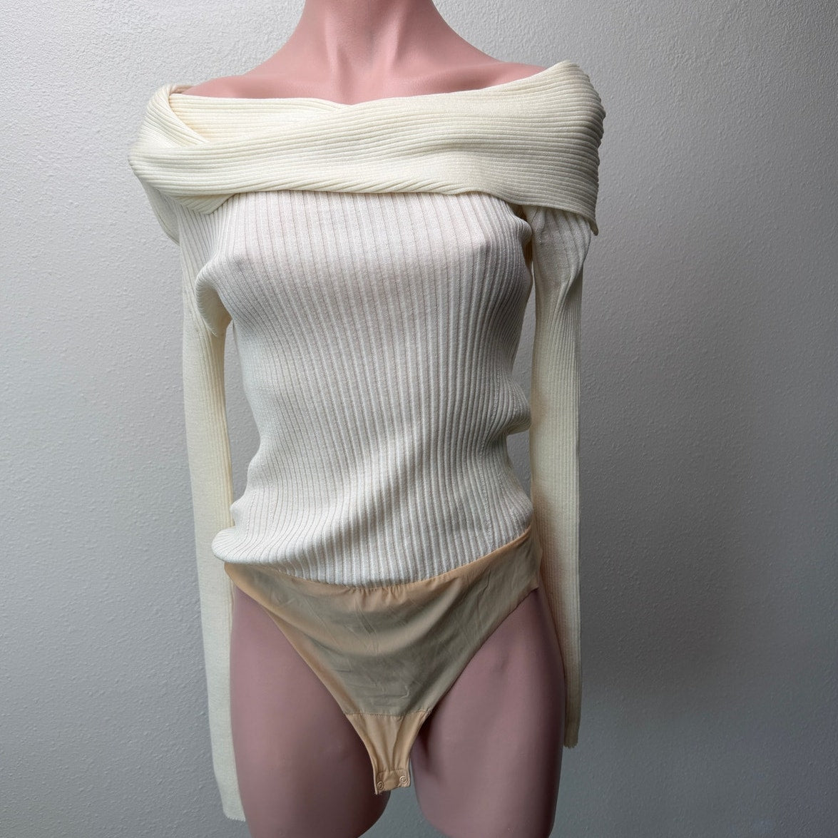Wolford x Simkhai Ribbed Off Shoulder Wool Bodysuit Cream S
