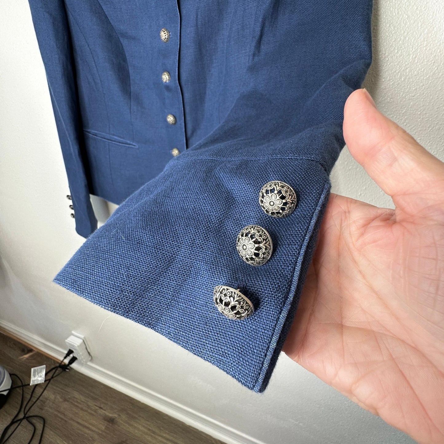 Loden Plankl Denim Blue Linen Band Neck Silver Floral Decorative Buttons Blazer Jacket