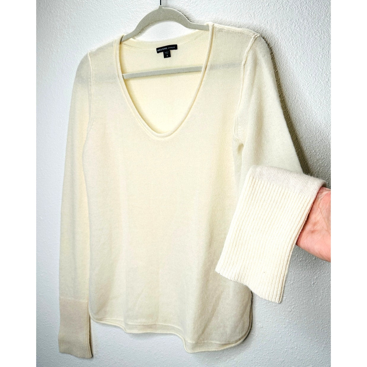 James Perse Cream Long Sleeve Scoop V Neck Cashmere Sweater 4 / XL
