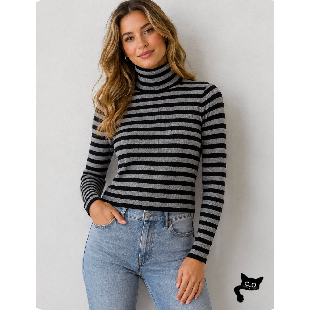 Joseph A. Silver & Black Stripe Metallic Knit Turtleneck Long Sleeve Sweater PP