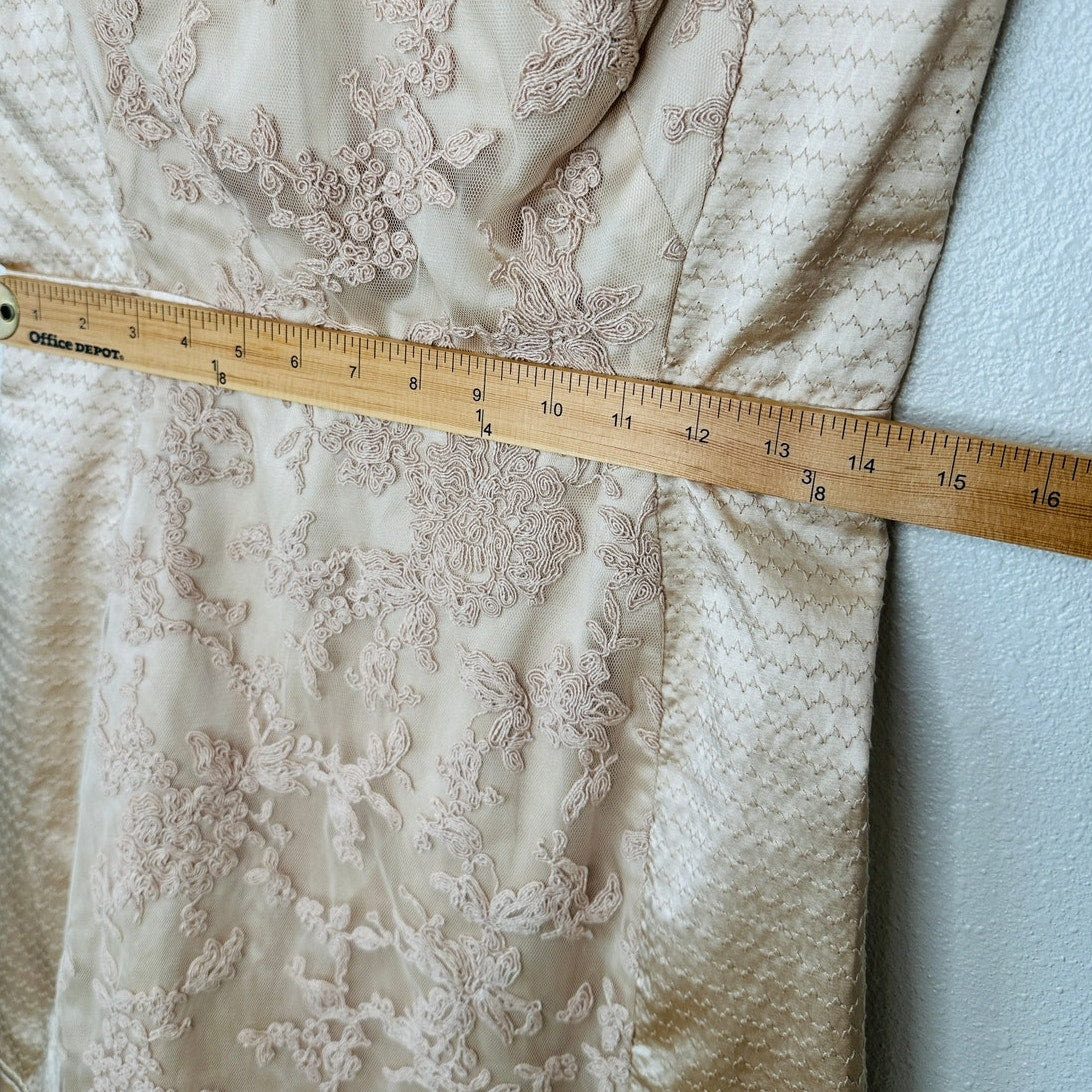 BCBGMAXAZRIA Tan Satin & Floral Lace Round Neck Mini Dress 6