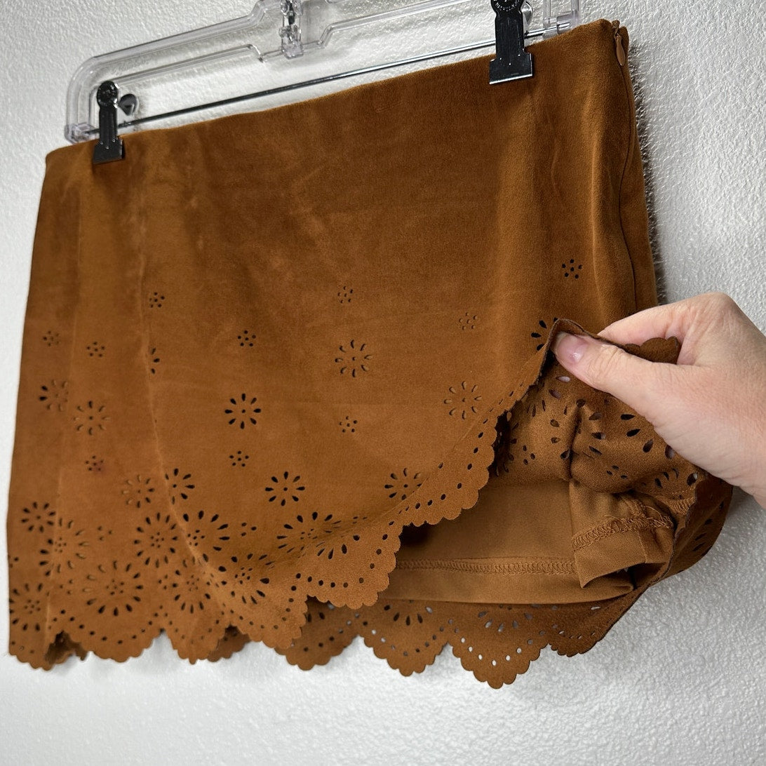Zara Rust Brown Faux Suede Laser Cut Scalloped Hem Skirt L