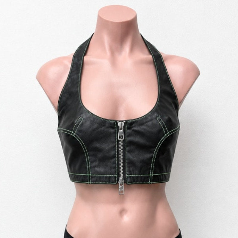 NWOT Eckhaus Latta Black Switch Halterneck Zip Top Tonal Stitch Scoop Neck Med