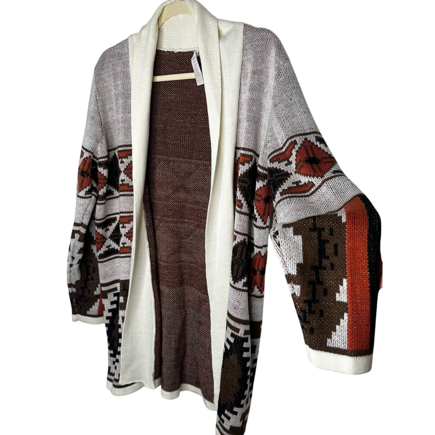 Mags & Pye Cream Brown Rust Native Aztec Print Longline Cardigan Sweater Medium