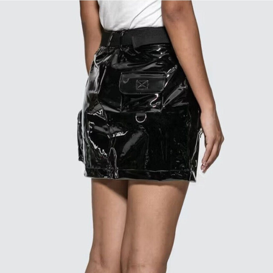 NWOT I AM GIA Edam Skirt PVC Mini High Waist Utility Pockets Silver Trim S