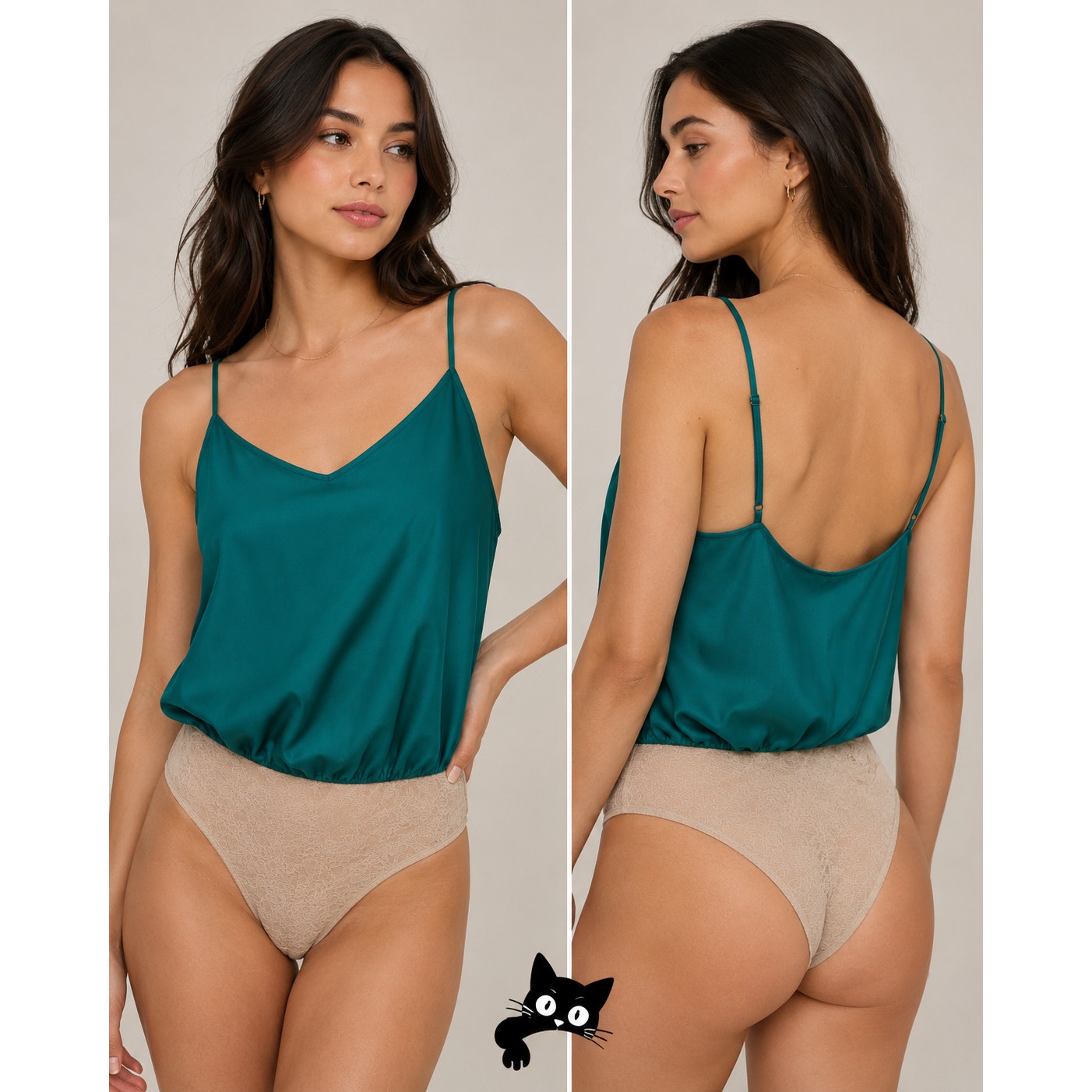 Free People Emerald Green Satin Blouson Bodysuit Tan Snap Lace Brief M