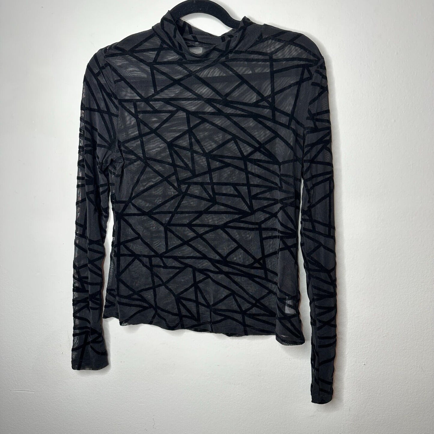 Jet Black Geometric Stripe Sheer Mesh Long Sleeve Mock Neck Stretch Blouse M