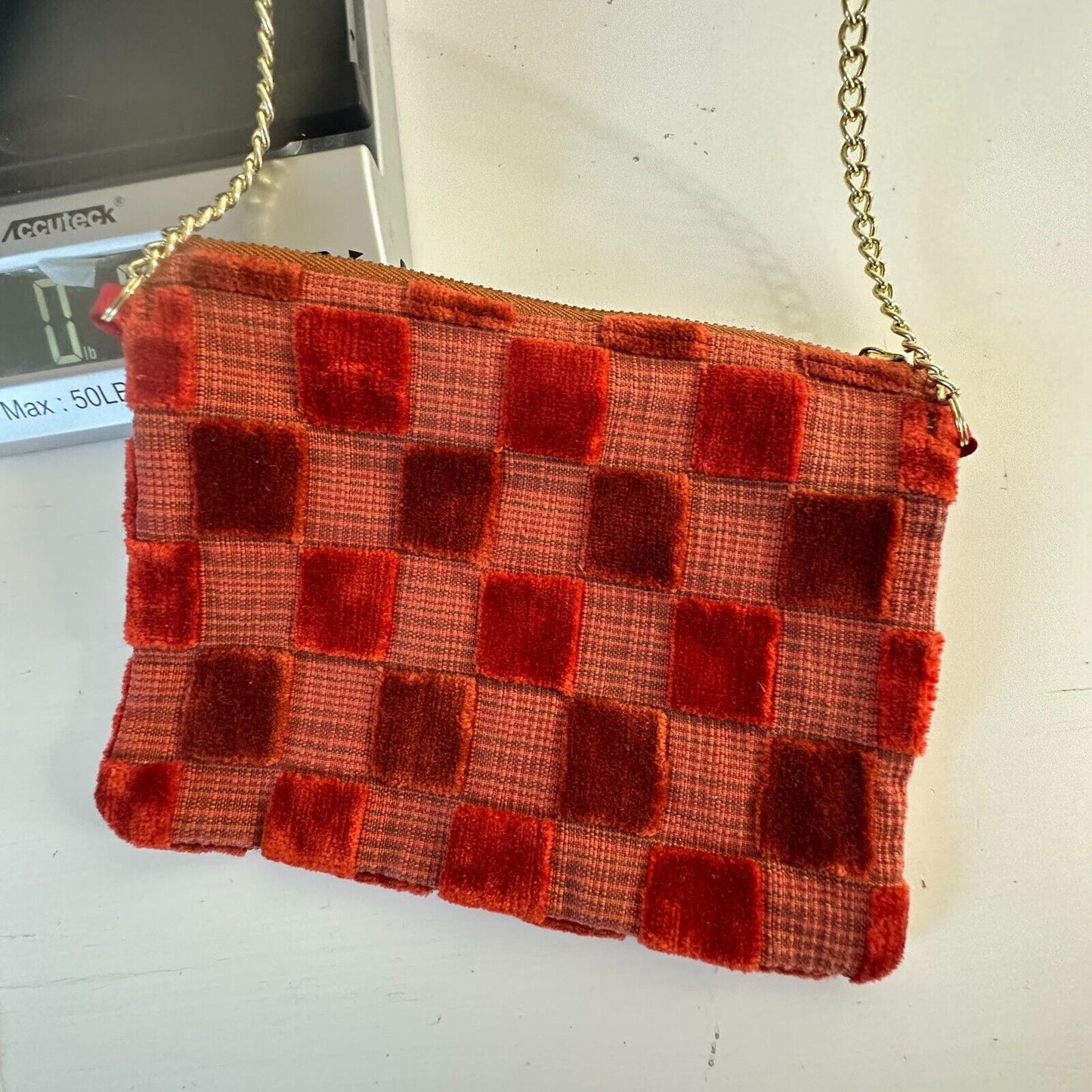 Rust Orange Velvet Checked Gold Chain Strap Zipper Top Slim Mini Purse