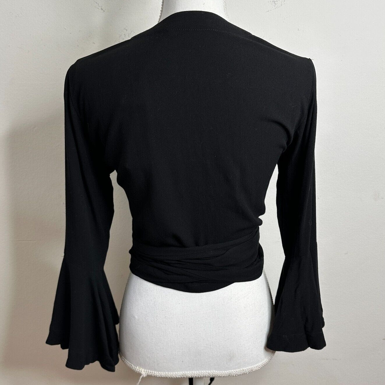 NWT Revolve Indah Lucia Black Wrap Tie Waist Top Plunging VNeck Bell Sleeves XS